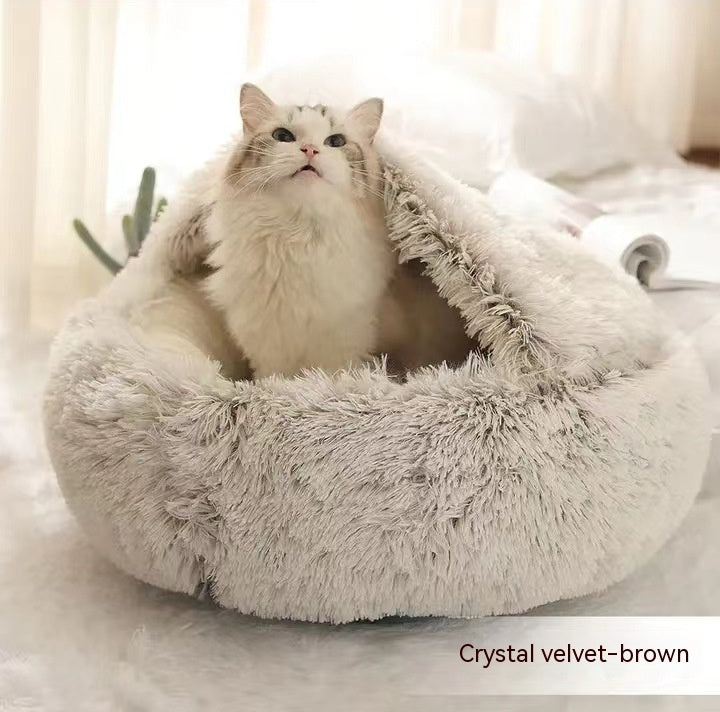 2-in-1 Round Plush Dog & Cat Bed – Warm, Cozy Winter Pet House