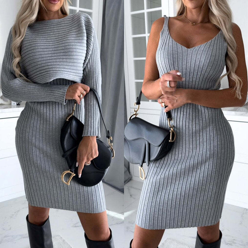 2-Piece Women's Suit – Solid Stripe Long-Sleeved Top & Suspender Skirt for Autumn & Winter.